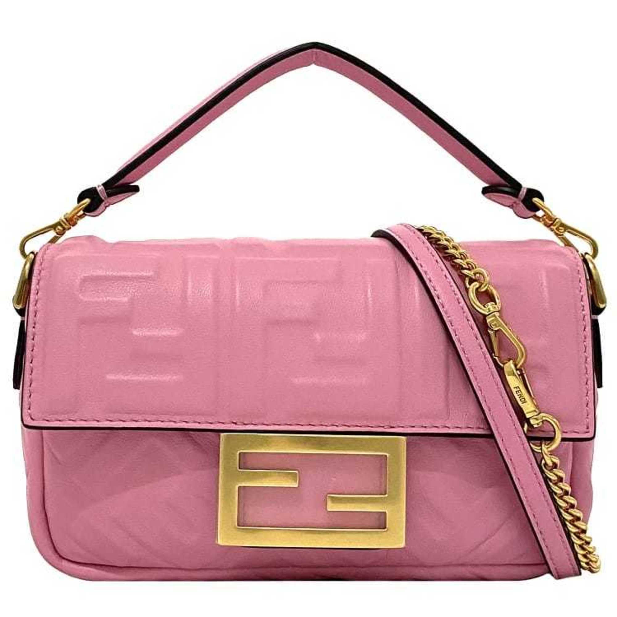 Pre Owned Fendi Baguette Small Pink Gold 8BS017 Leather GP FENDI Shoulder Bag FF Embossed Ladies Chain Like New Walmart