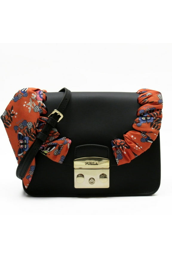 Pre-Owned Furla FURLA Shoulder Bag Metropolis Black Gold Orange Leather (Good)