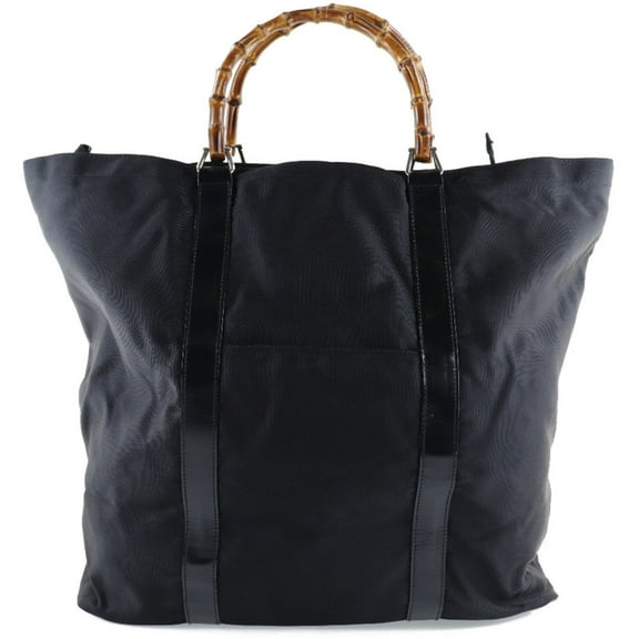 Pre-Owned GUCCI Gucci Bamboo Bag 002-2058-0412-5 Nylon Canvas x Leather Black Unisex Tote (Fair)