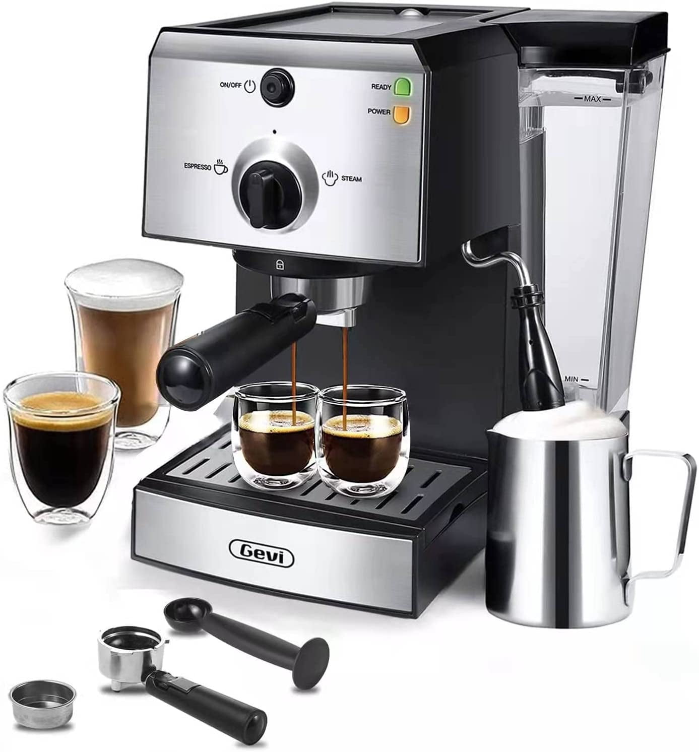 Coffee Machine, Gourmia 15-Bar Espresso Maker with Powerful Frothing Wand  with 1.2L Removable Water Reservoir