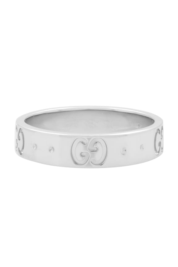 Pre-Owned Gucci 18K White Gold Icon GG Thin Band Ring Size 4.5 (Good)