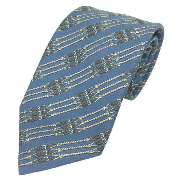 Pre-Owned HERMES tie, blue, horse harness pattern, silk, for men, aq10129 10013480 (Like New)