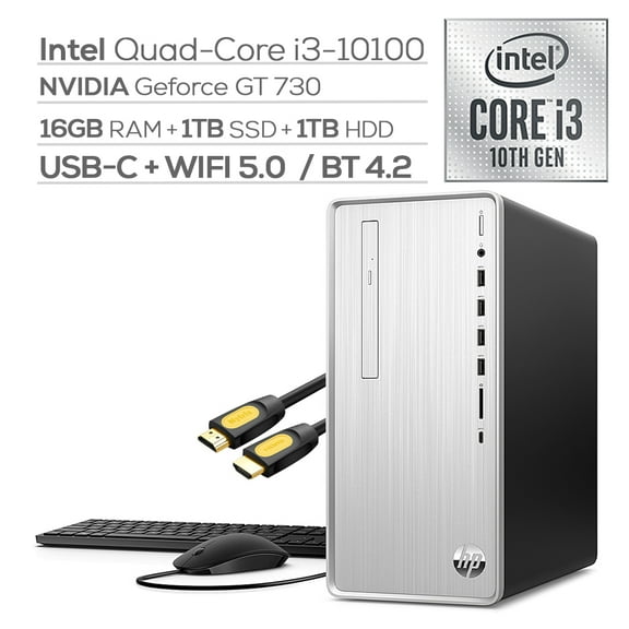 Pre-Owned HP Pavilion Desktop, Intel 4-Core I3-10100 Up to 4.3Ghz, GeForce GT 730, 16GB DDR4 RAM, 1TB PCIe SSD+1TB HDD, USB-C, DVD, RJ-45, Wi-Fi, HDMI/VGA, Mytrix HDMI Cable, Win 10