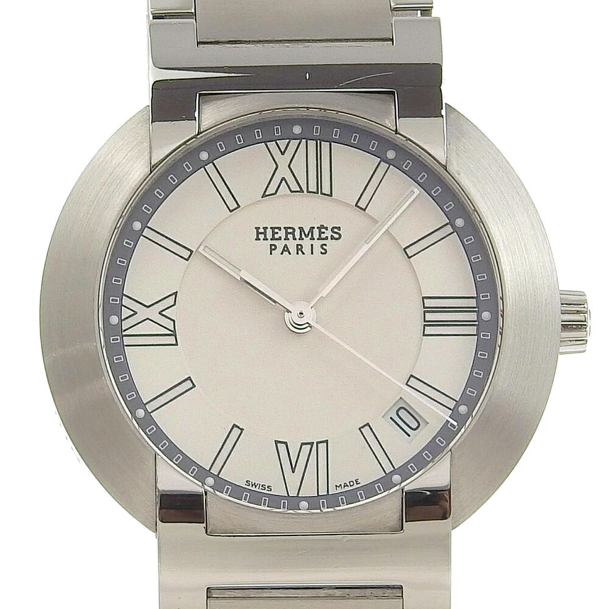 Pre-Owned Hermes Nomad Watch NO1.710 Stainless Steel Swiss Made Silver Quartz Analog Display White Dial Mens Fair
