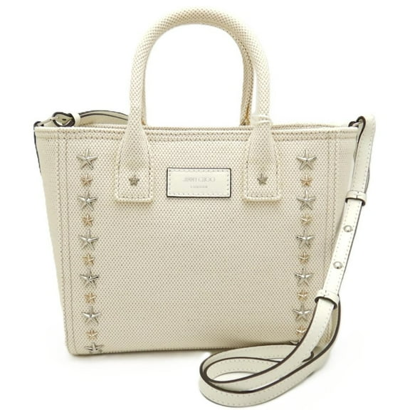 Pre-Owned JIMMY CHOO Pegasi S CXH211 Handbag Star Studded Canvas x Leather NATURAL 251552 (Good)