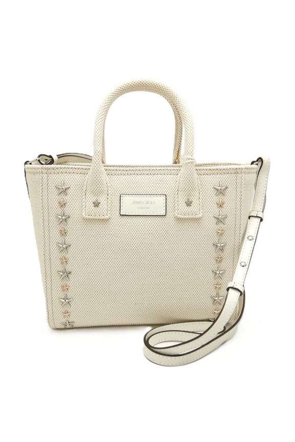 Pre-Owned JIMMY CHOO Pegasi S CXH211 Handbag Star Studded Canvas x Leather NATURAL 251552 (Good)