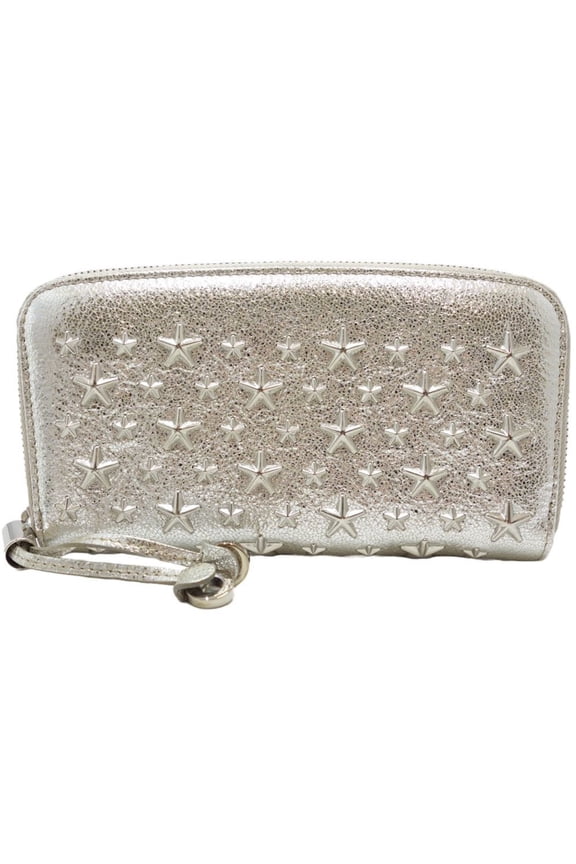 Pre-Owned JIMMY CHOO Round Zipper FILIPA Star Studs Long Wallet Leather Metallic Silver 083397 (Good)