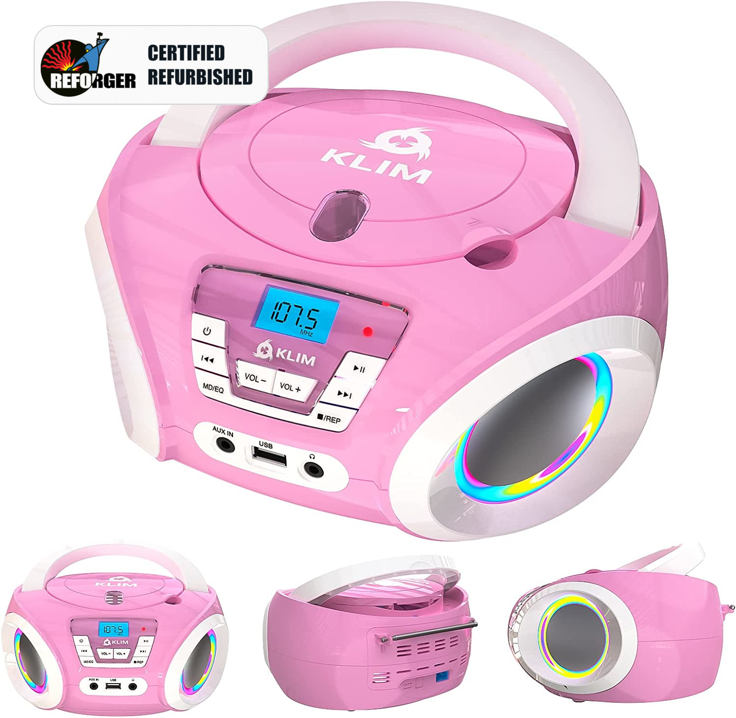 PreOwned KLIM Candy Kids Boombox CD Player for Children + FM Radio + RGB Disco Lighting Effects