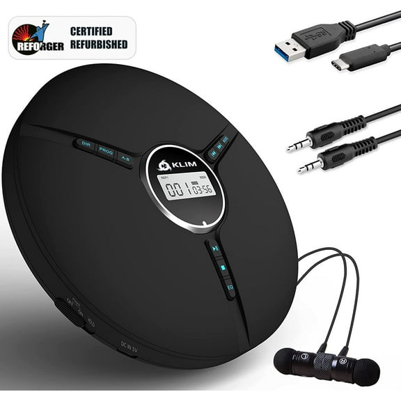 Pre-Owned KLIM Discman Portable CD Player with Built-in Rechargeable Battery & Fusion Headphones Earphones   Compatible CD-R, CD-RW, MP3 CD, Mini CD Player Personal CD Walkman - Black