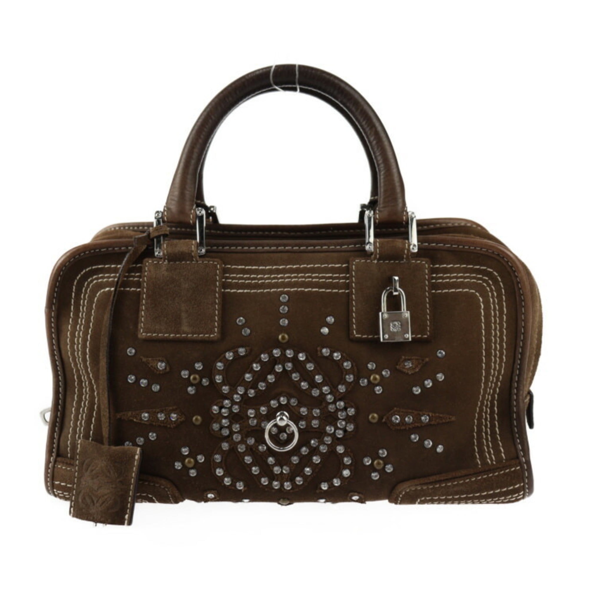 Pre Owned LOEWE Amazona 28 Handbag Suede Rhinestone Brown Anagram Boston Bag Good Walmart