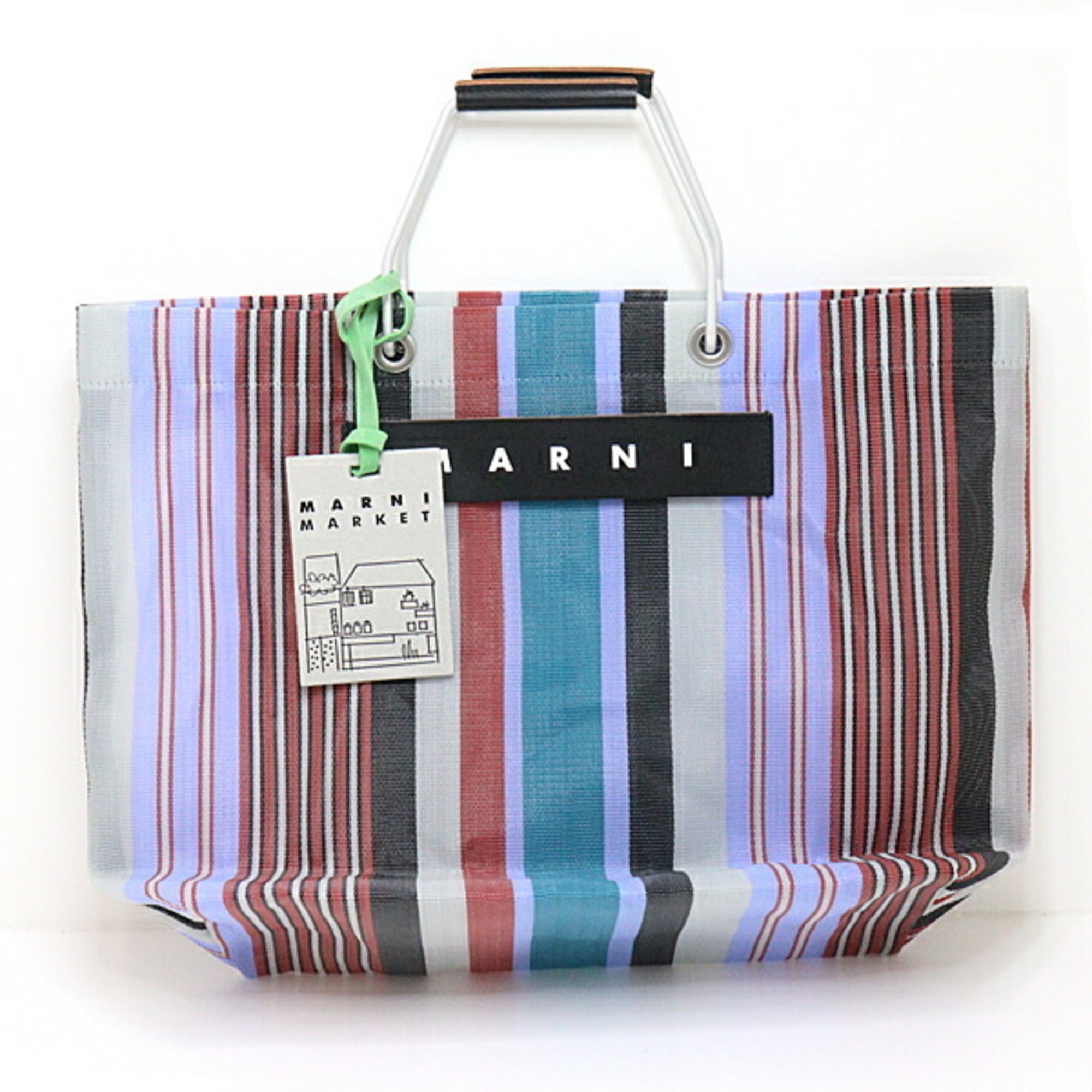 Pre-Owned MARNI Marni Market stripe medium bag tote multicolor light lime  SHMHR08A01 TN296STV07 (Like New)
