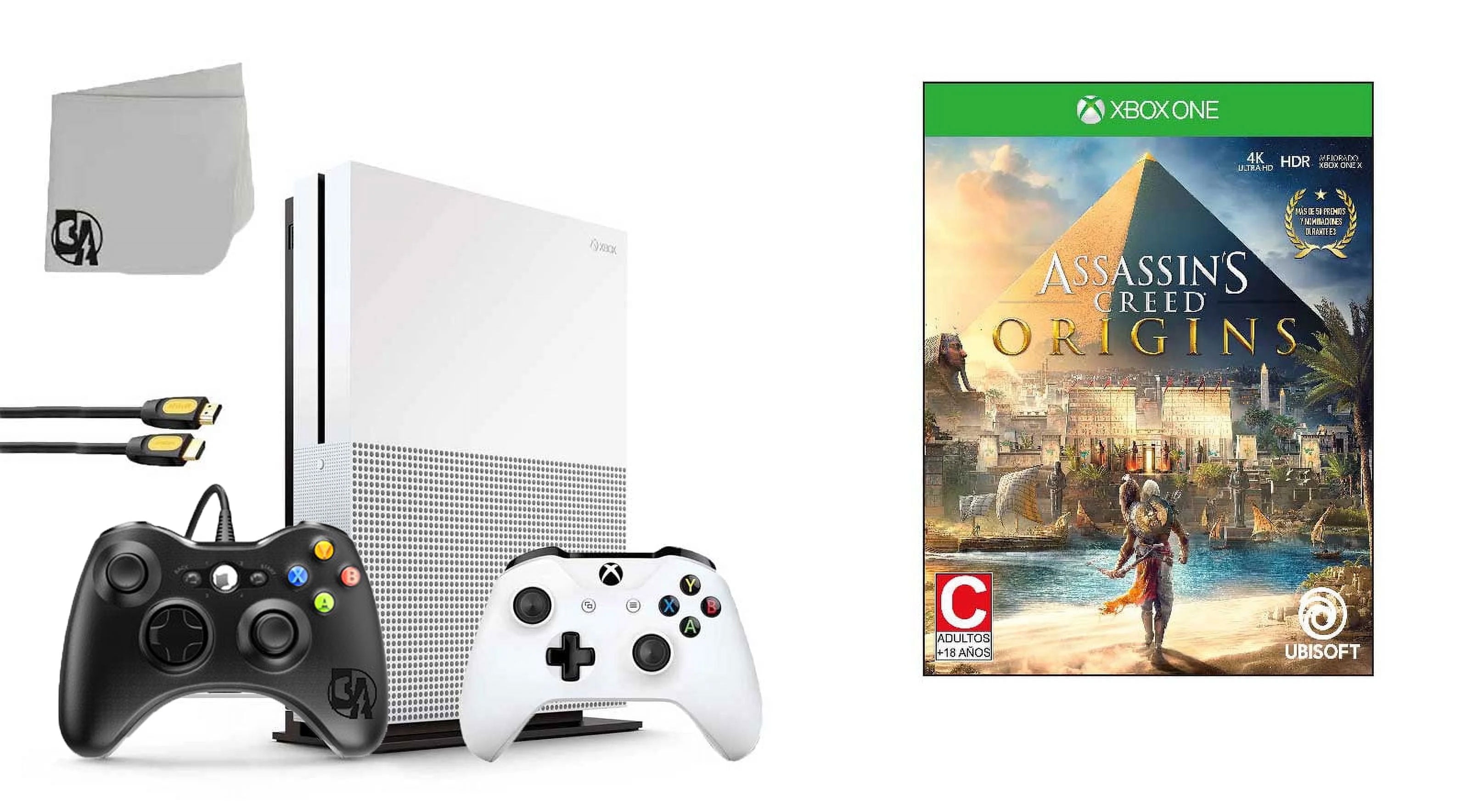 Pre-Owned Microsoft 234-00051 Xbox One S White 1TB Gaming Console with 2 Controller Included with Assassin's Creed- Origins BOLT AXTION Bundle