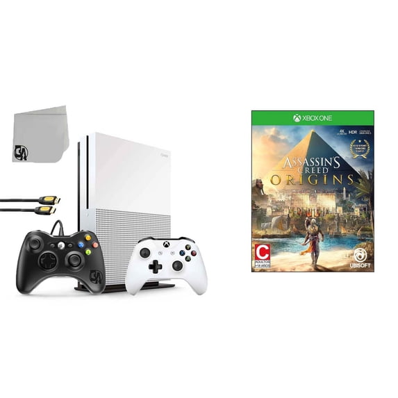 Pre-Owned Microsoft 234-00051 Xbox One S White 1TB Gaming Console with 2 Controller Included with Assassin's Creed- Origins BOLT AXTION Bundle