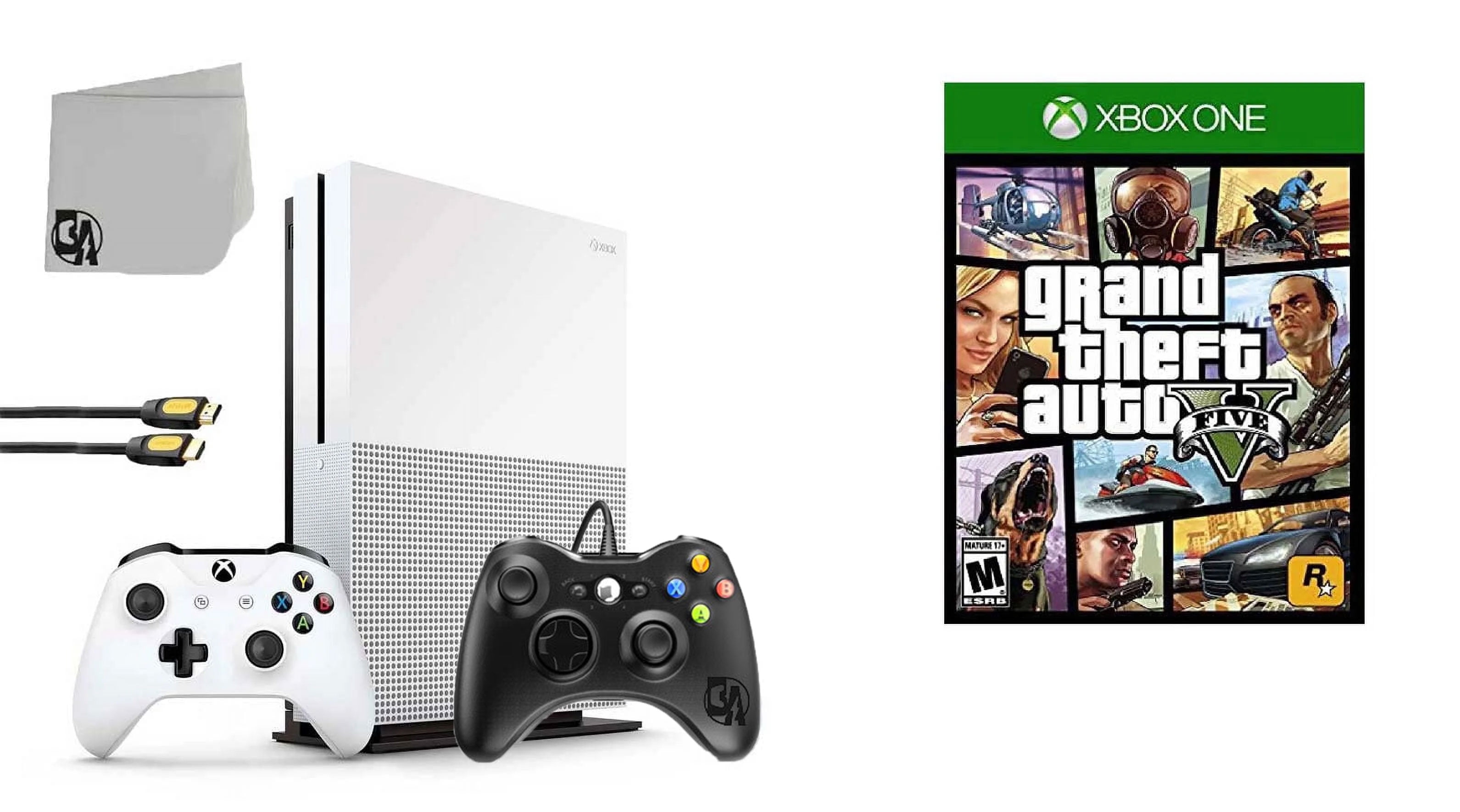 Pre Owned Microsoft 234 00051 Xbox One S White 1TB Gaming Console with 2 Controller Included with Grand Theft Auto V BOLT AXTION Bundle