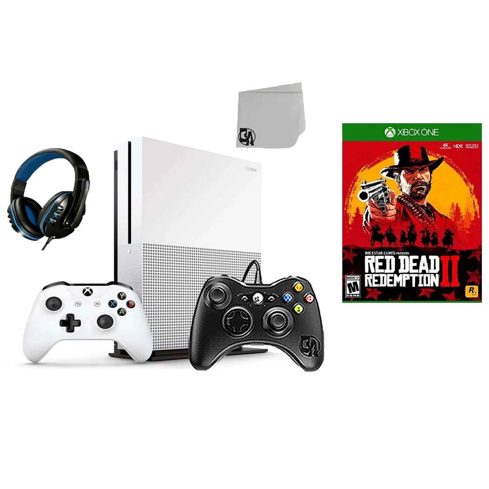 Pre Owned Microsoft 234 00051 Xbox One S White 1TB Gaming Console with 2 Controller Included with Red Dead Redemption 2 BOLT AXTION Bundle