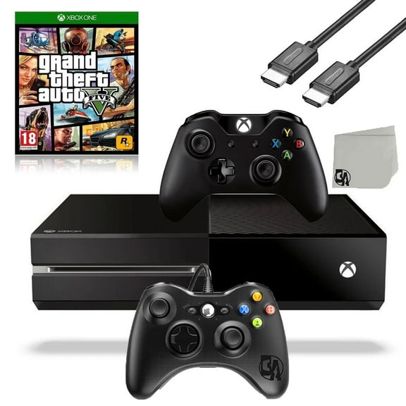 Pre-Owned Microsoft Xbox One Original 500GB Gaming Console Black HDMI Cable 2 Controller Included With GTA V Game BOLT AXTION Bundle