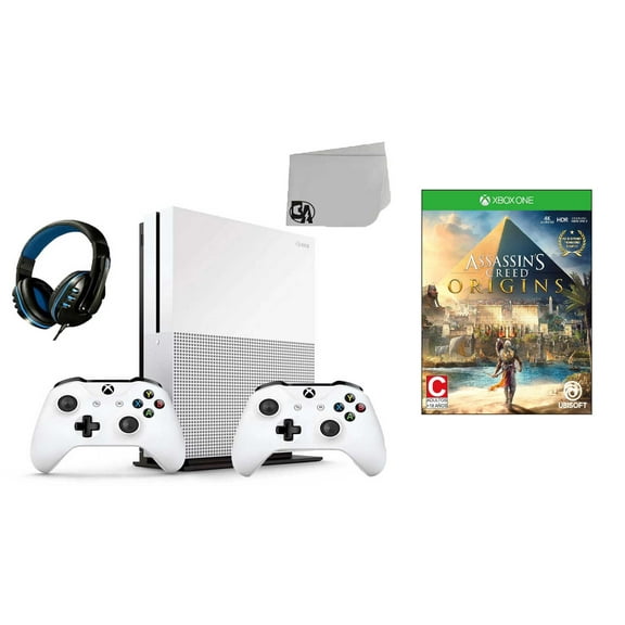 Pre-Owned Microsoft Xbox One S 500GB Gaming Console White 2 Controller Included with Assassin's Creed- Origins BOLT AXTION Bundle