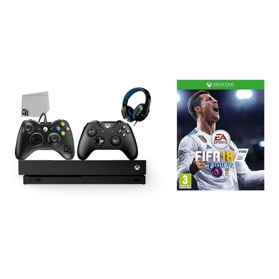 Pre-Owned Microsoft Xbox One X 1TB Gaming Console Black with 2 Controller Included with FIFA 18 BOLT AXTION Bundle