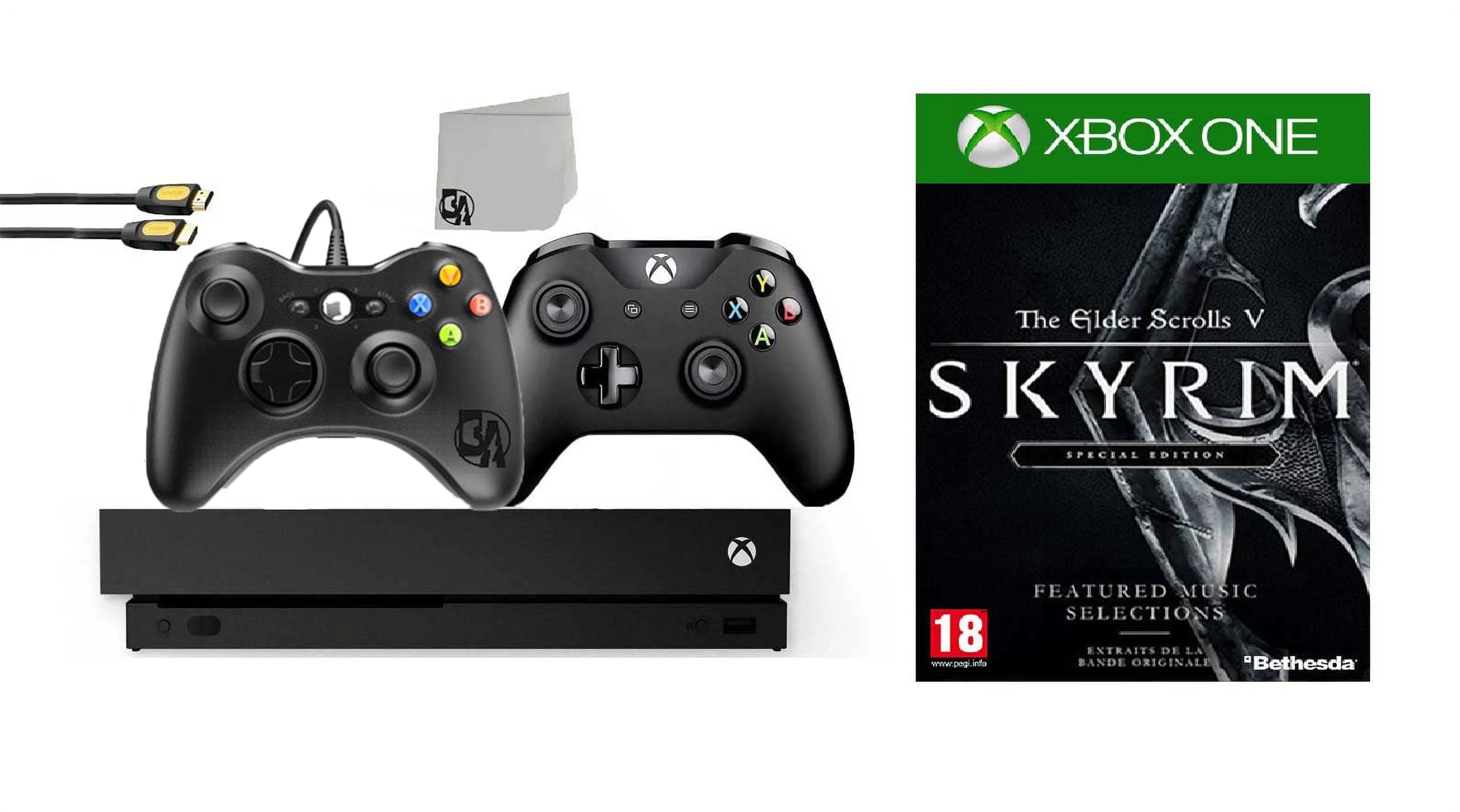 Pre-Owned Microsoft Xbox One X 1TB Gaming Console Black with 2 Controller Included with The Elder Scrolls V- Skyrim BOLT AXTION Bundle