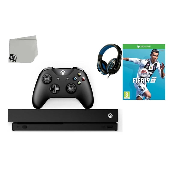 Pre-Owned Microsoft Xbox One X 1TB Gaming Console Black with FIFA 19 BOLT AXTION Bundle