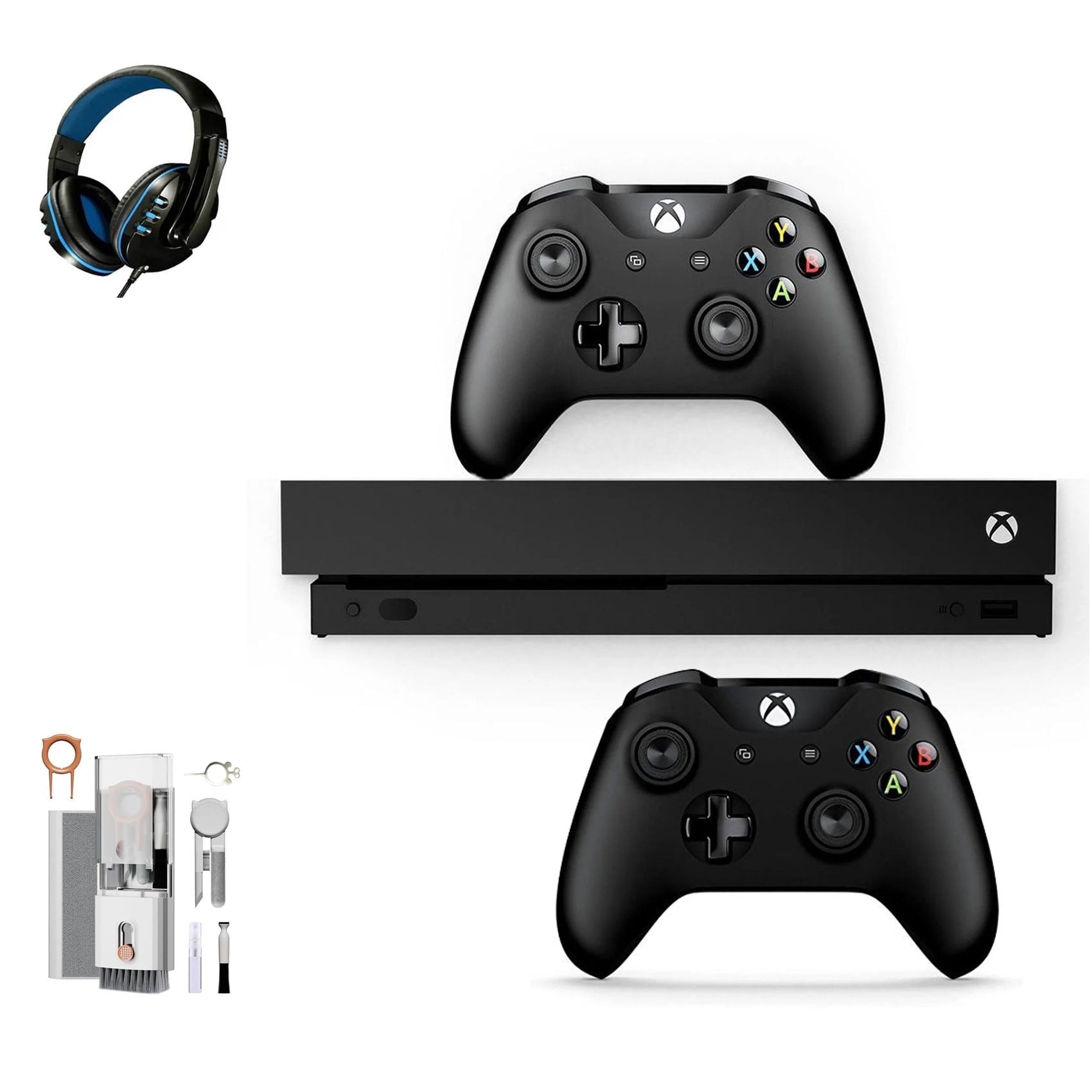 Pre-Owned Microsoft Xbox One X 1TB with 2 Controller, 4K Ultra HD Black with BOLT AXTION Cleaning Kit Headset Bundle ( )
