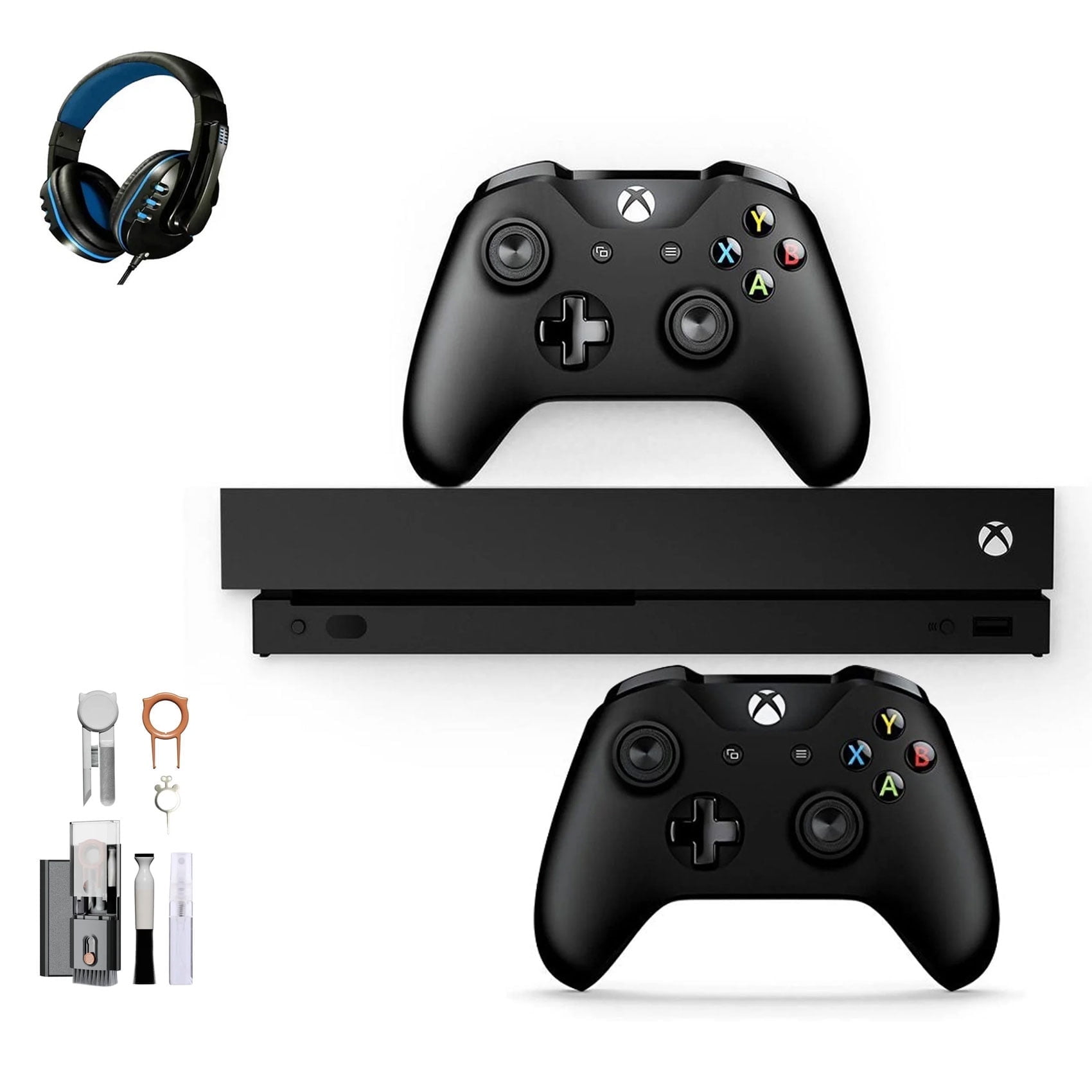 Pre-Owned Microsoft Xbox One X 1TB with 2 Controller, 4K Ultra HD Black with BOLT AXTION Cleaning Kit Headset ( )