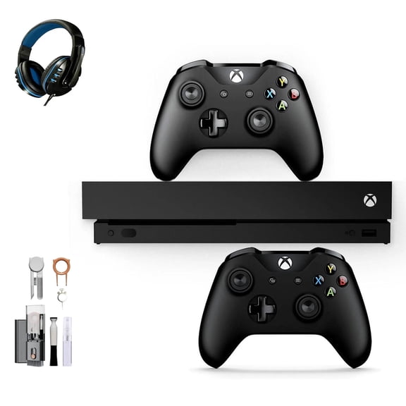 Pre-Owned Microsoft Xbox One X 1TB with 2 Controller, 4K Ultra HD Black with BOLT AXTION Cleaning Kit Headset ( )