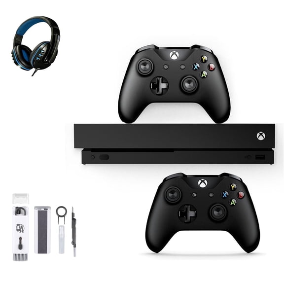 Pre-Owned Microsoft Xbox One X 1TB with 2 Controller, 4K Ultra HD Black with BOLT AXTION Cleaning Kit Headset ( )