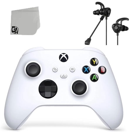 Pre-Owned Microsoft Xbox Wireless Robot White Blue Controller With Earbuds Bundle with BOLT AXTION