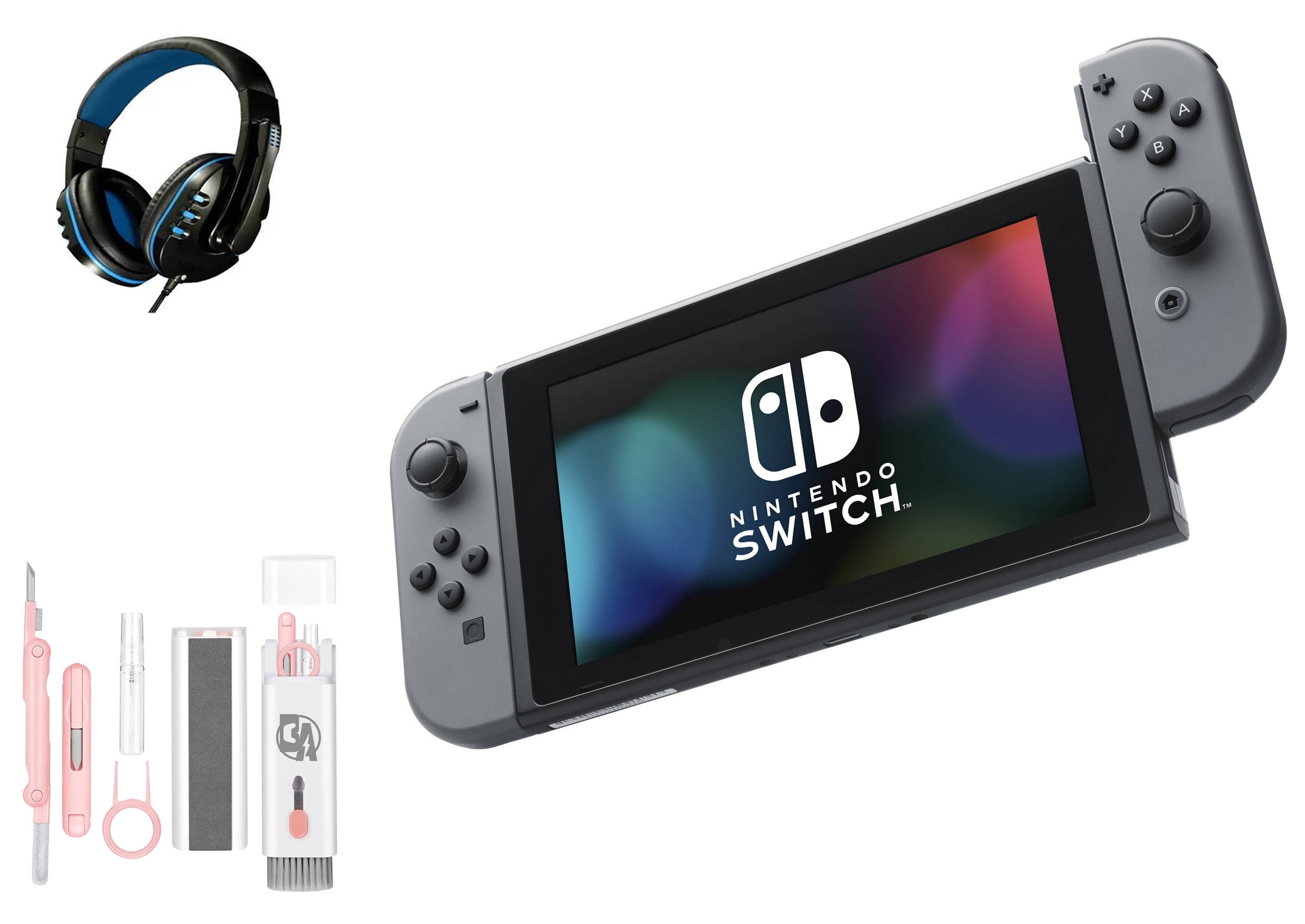 Pre-Owned Nintendo Switch - Gray & Gray Joy-Con with Headset BOLT AXTION Cleaning Kit Bundle ( )