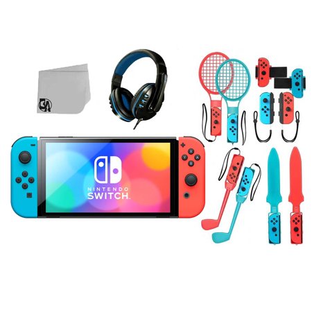 Pre-Owned Nintendo Switch Model Neon Blue/Neon Red with HeadSet Bolt Axtion Bundle Accessories