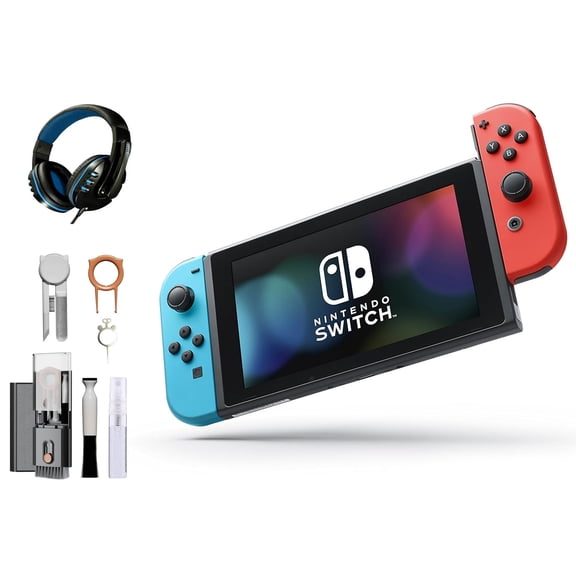 Pre-Owned Nintendo Switch - Neon Blue and Neon Red Joy-Con with Headset BOLT AXTION Cleaning Kit