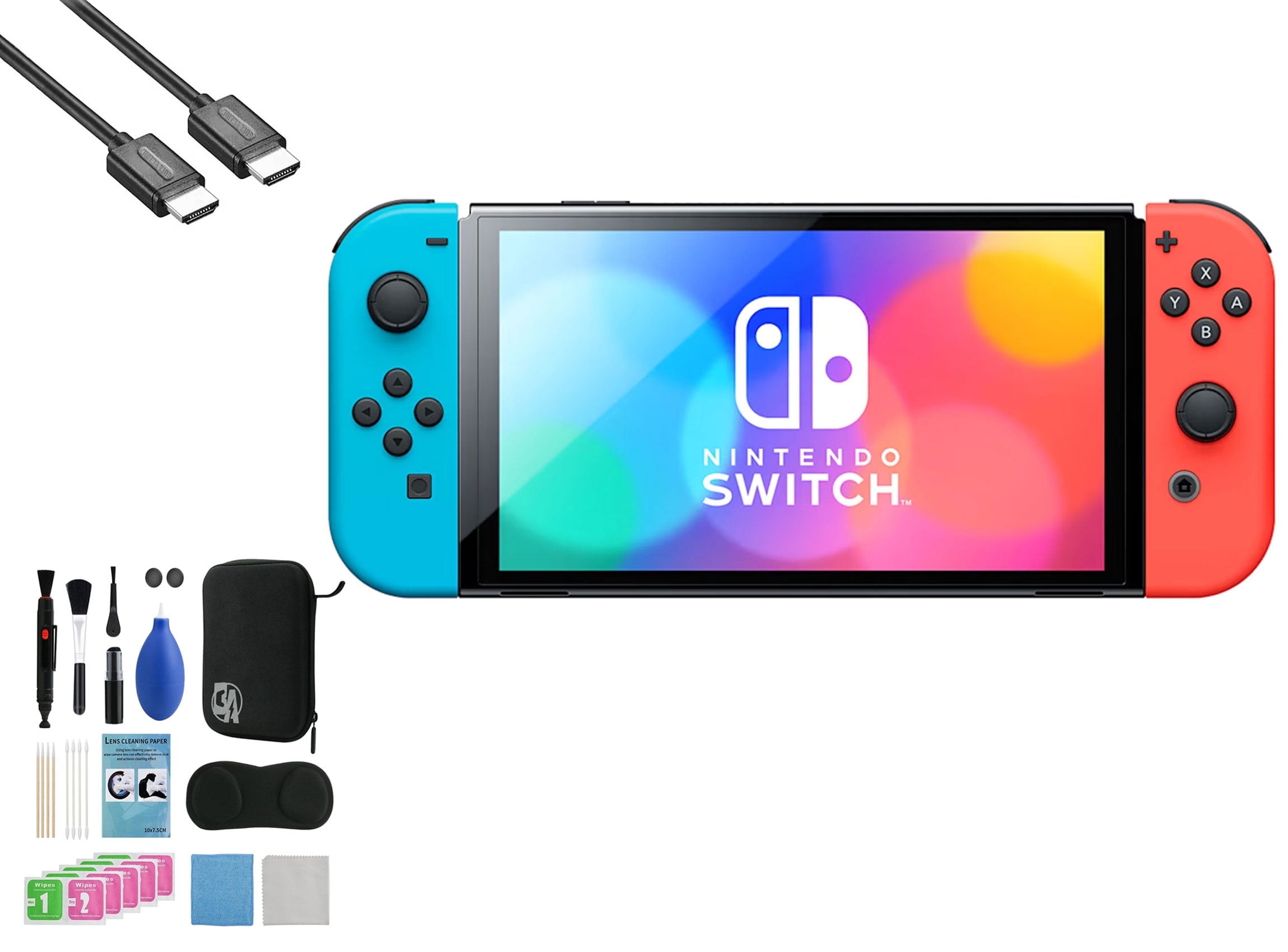 Pre-Owned Nintendo Switch OLED Model Neon Blue/Neon Red Set with BOLT AXTION Cleaning Kit HDMI Bundle