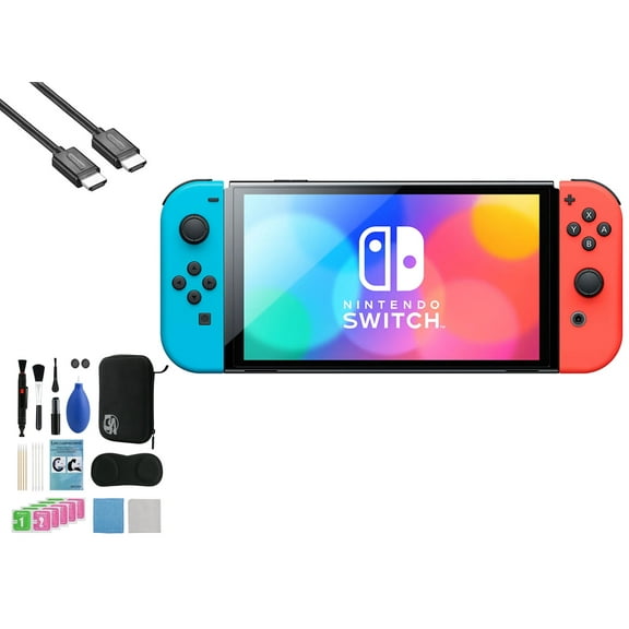 Pre-Owned Nintendo Switch OLED Model Neon Blue/Neon Red Set with BOLT AXTION Cleaning Kit HDMI Bundle