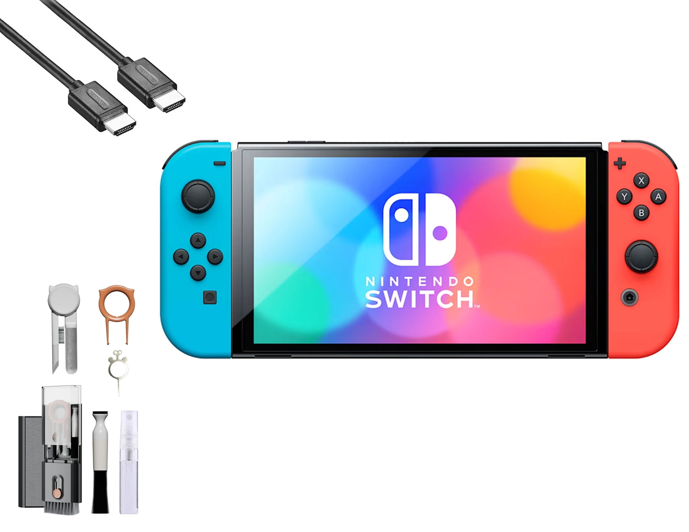 Pre-Owned Nintendo Switch OLED Model Neon Blue/Neon Red Set with BOLT AXTION Cleaning Kit HDMI