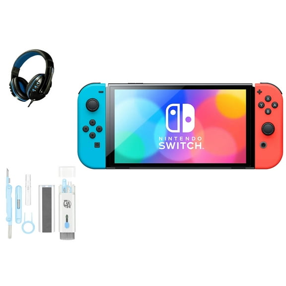 Pre-Owned Nintendo Switch OLED Model Neon Blue/Neon Red Set with BOLT AXTION Cleaning Kit Headset Bundle