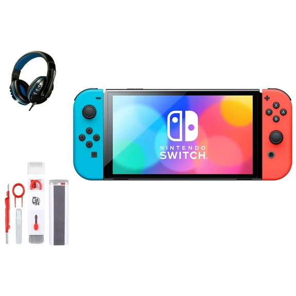 Pre-Owned Nintendo Switch OLED Model Neon Blue/Neon Red Set with BOLT AXTION Cleaning Kit Headset Bundle
