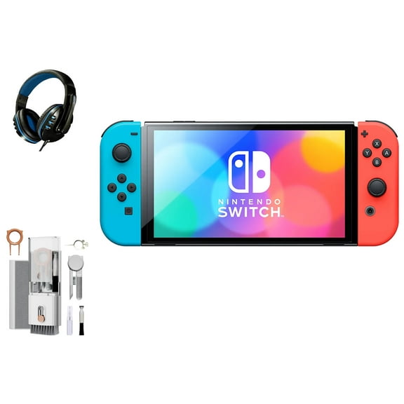 Pre-Owned Nintendo Switch OLED Model Neon Blue/Neon Red Set with BOLT AXTION Cleaning Kit Headset Bundle