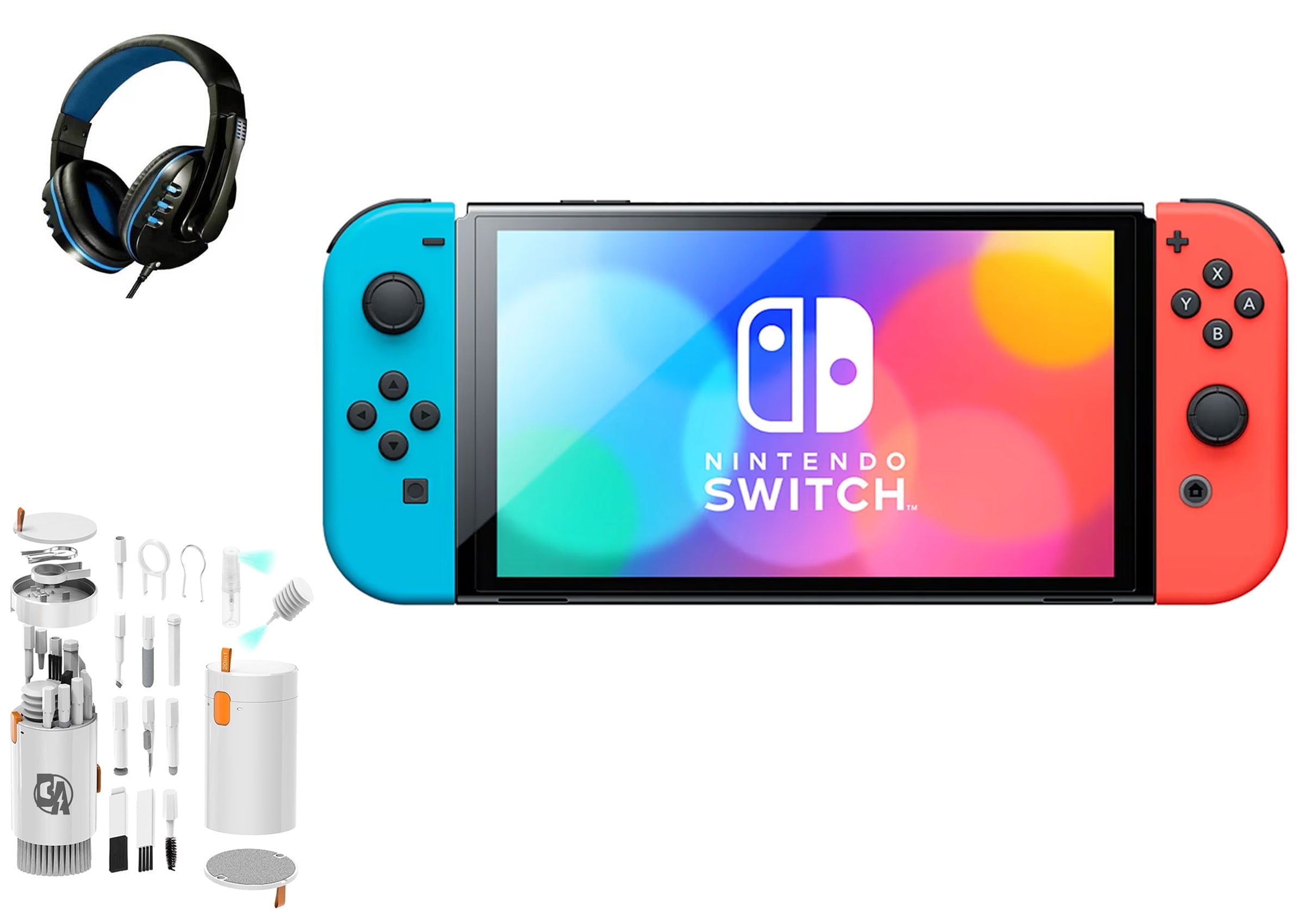 Pre-Owned Nintendo Switch OLED Model Neon Blue/Neon Red Set with BOLT AXTION Cleaning Kit Headset Bundle