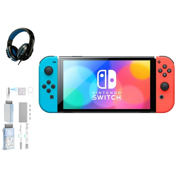 Pre-Owned Nintendo Switch OLED Model Neon Blue/Neon Red Set with BOLT AXTION Cleaning Kit Headset Bundle