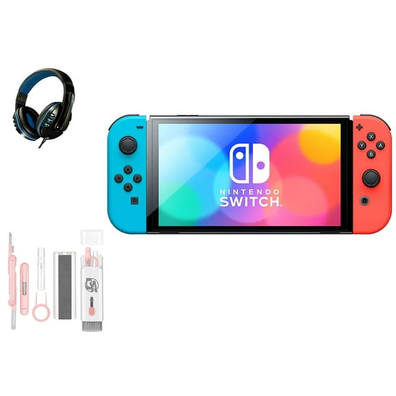 Pre-Owned Nintendo Switch OLED Model Neon Blue/Neon Red Set with BOLT AXTION Cleaning Kit Headset