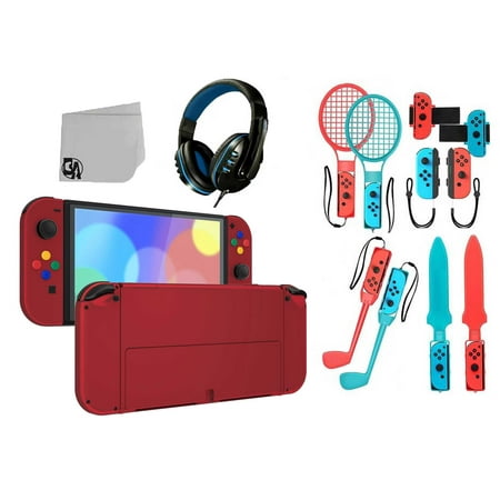 Pre-Owned Nintendo Switch OLED Model Red with HeadSet Bolt Axtion Bundle Accessories (Refurbished: Like New)