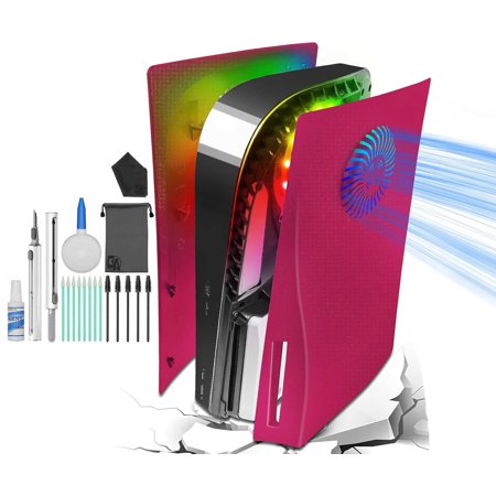 Restored PS5 Plates Cover Face Plates and RGB LED Light Strip, Console Disc Version Skins with Fan Vents Dust Side Faceplate Shell Case, 8 Color Cosmic Red BOLT AXTION (Refurbished)
