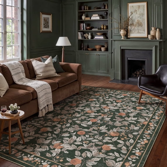 BERTHMEER 9'x12' Area Rugs for Living Room Rugs for Bedroom Office Rugs Vintage Blackish Green Floral Large Carpets Washable Farmhouse Dining Room Oriental Flower Non Slip , Multicolor