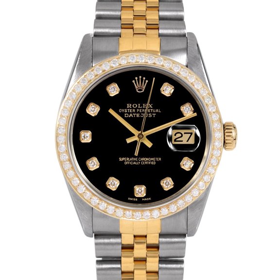 Pre-Owned Rolex 16013 Men's 36mm Datejust Watch Custom Black Diamond Dial & Bezel (3 Year Warranty) (Good)