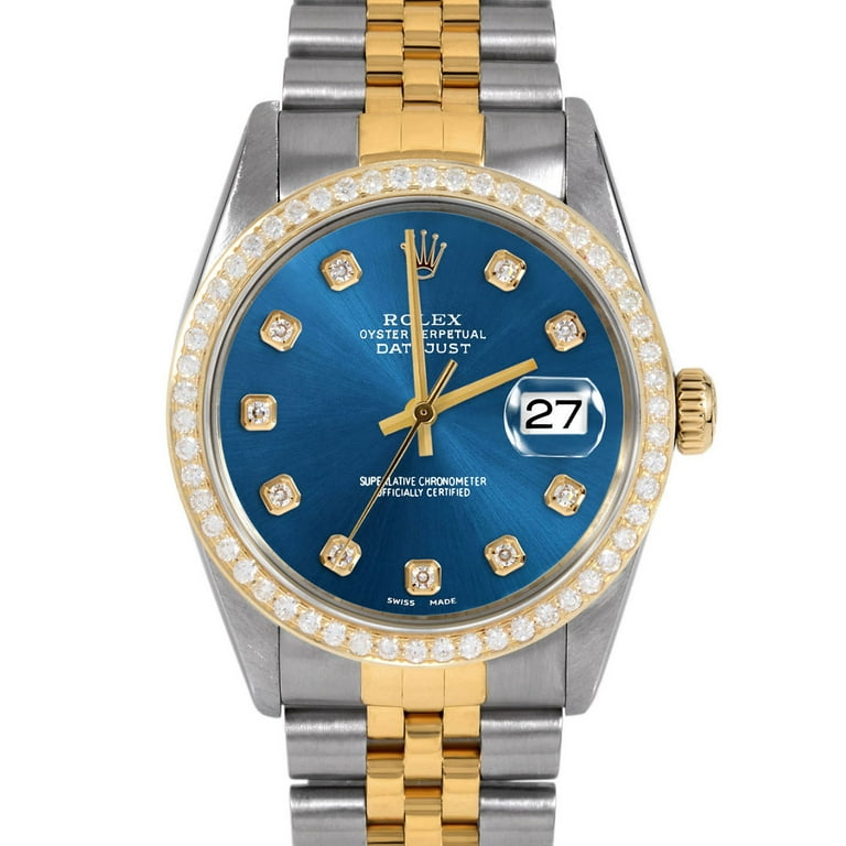 Pre Owned Rolex 16013 Men s 36mm Datejust Wristwatch Blue Diamond 3 Year Warranty Good