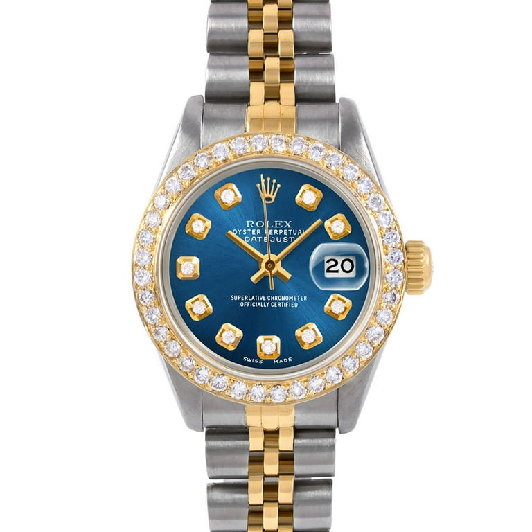 Pre Owned Rolex 6917 Ladies 26mm Automatic Datejust Wristwatch with Blue Diamond Dial Custom Bezel 3 Year Warranty Walmart