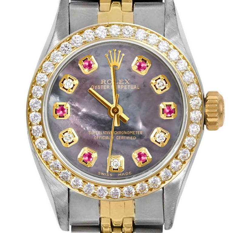 Pre Owned Rolex Ladies Oyster Perpetual 24mm Wristwatch Black Mother of Pearl Alternating Diamond Ruby