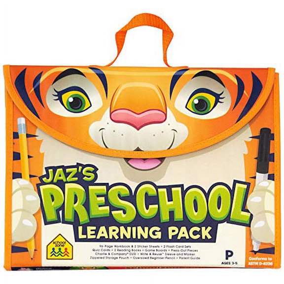 Pre-Owned School Zone - Jazs Preschool Learning Pack - Ages 3-5, Workbook, Flash Cards, Early Reading Books, Math, Write & Reuse, Educational Games, Press-Out Pieces, Paperback