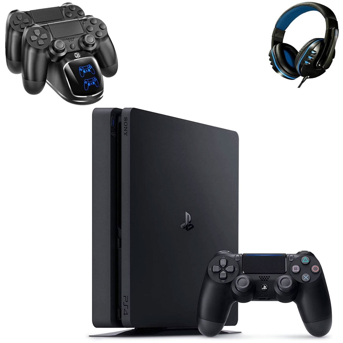 Pre Owned Sony 2215B PlayStation 4 Slim 1TB Gaming Console Black with Charging Dock Headset Bolt Axtion